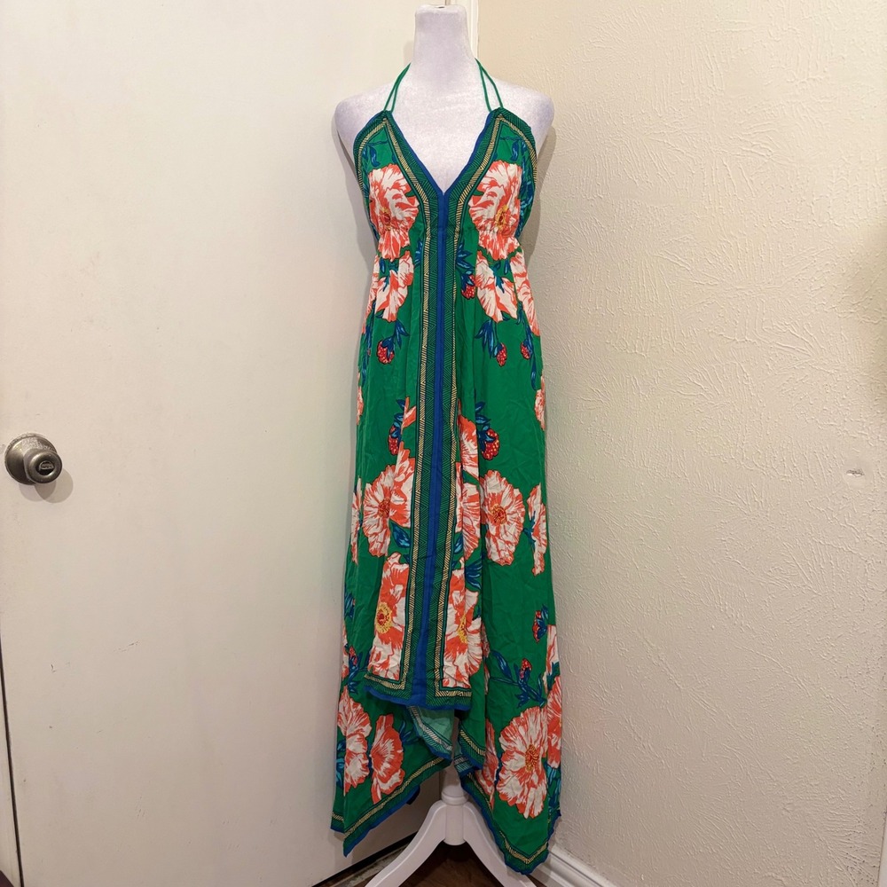 Flying Tomato Green Floral Halter Handkerchief Hem Maxi Dress Backless Size L